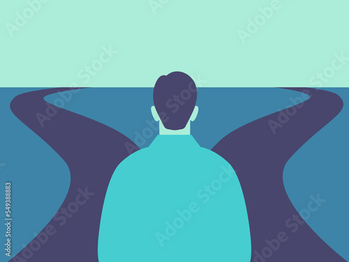 Person in front of a crossroad with two identical roads. Choosing the right way and direction. Looking for guidance. Vector.