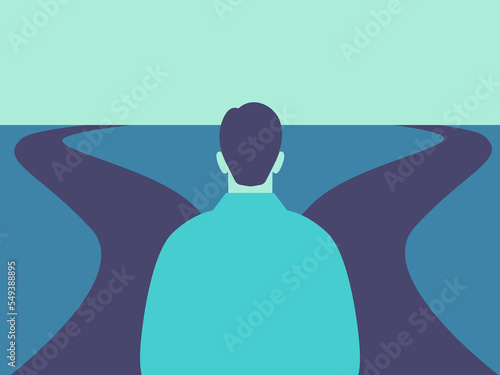 Person in front of a crossroad with two identical roads. Choosing the right way and direction.