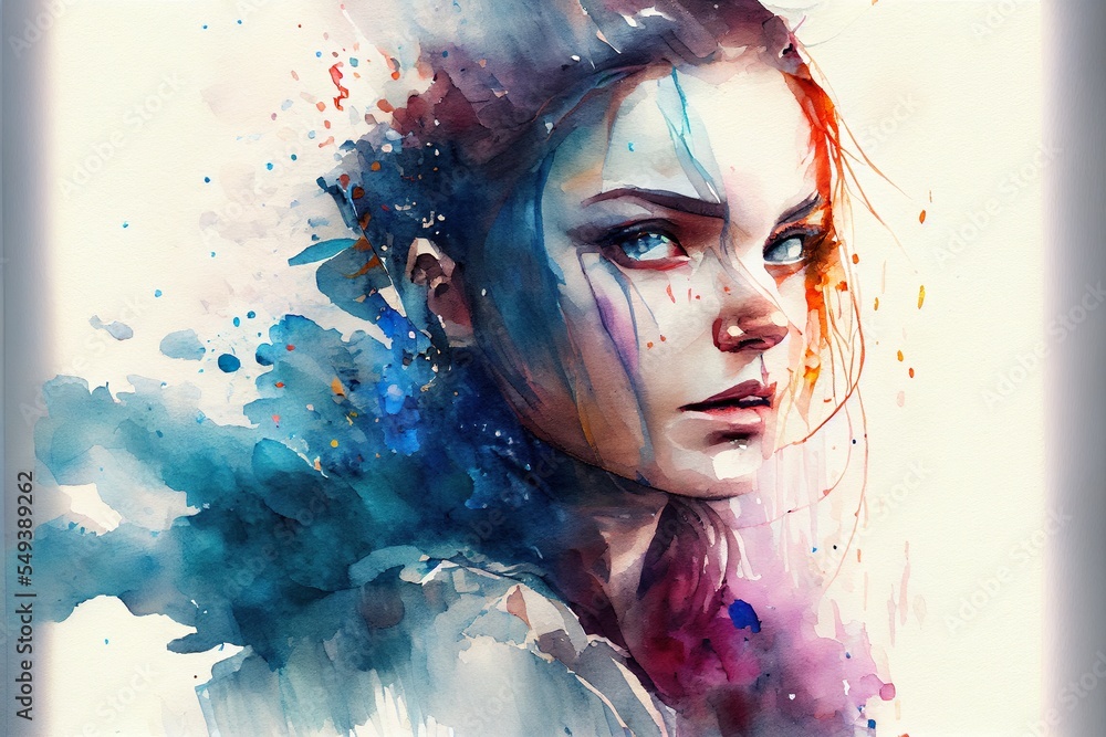 watercolor illustration painting artwork, a person with blue hair, illustration with colorfulness art