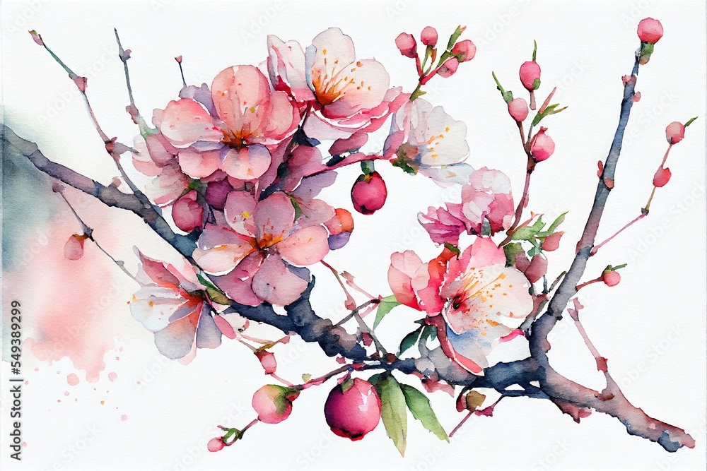 watercolor illustration of cherry blossoms, a branch with pink flowers ...