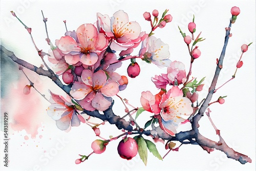 watercolor illustration of cherry blossoms, a branch with pink flowers, illustration with flower petal