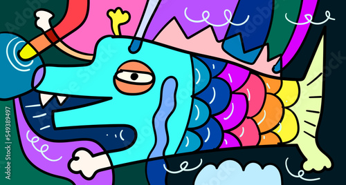 Vector colorful abstract doodle hand drawn monster and animal illustration for digital banner design 2023
