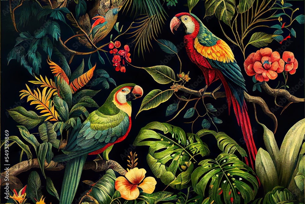 A1+A0 / TAKE FLIGHT SERIES – I 'Scarlet' good Pattern Poster Print / Rainforest, Tropical, Wallpaper, Parrot, Bird, Vibrant Art, Foliage, Leaves