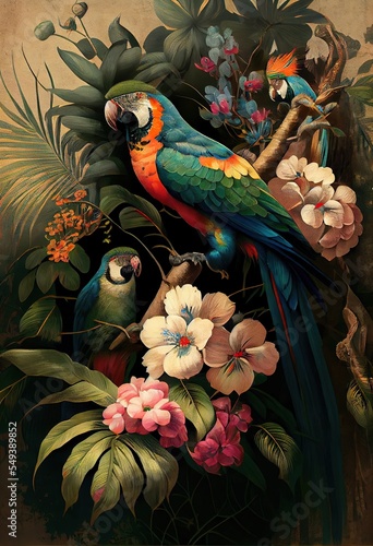 wallpaper branches palm tree plants, a painting of a parrot, illustration with bird flower