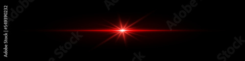 Red neon line, star burst. Light lines. Blurred lens light effect on black background.