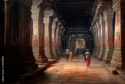 AI generated image of the lovely pillars inside the ancient Brihadeeshwara temple in Thanjavur, Tamil Nadu, India photo