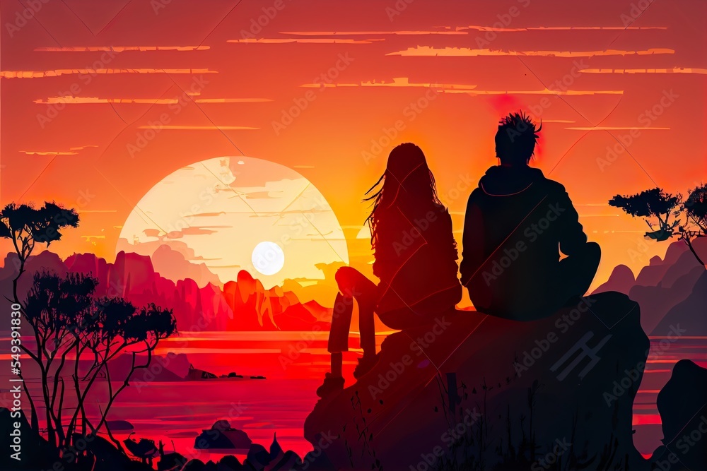 silhouette of a young couple, a couple of people sitting on a bench looking at the sunset, illustration with sky world
