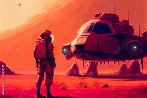 red astronaut standing near futuristic, a man in a space suit standing in front of a helicopter, illustration with wheel tire © EricSchumid