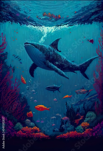 underwater world illustration, a large fish in a tank, illustration with water vertebrate