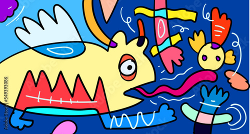 Vector colorful abstract doodle hand drawn monster and animal illustration for digital banner design 2023