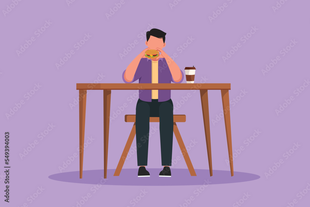 Graphic flat design drawing of happy man holding and eating hamburger fast food in restaurant. Male having lunch with burger and coffee in paper cup. Unhealthy diet. Cartoon style vector illustration