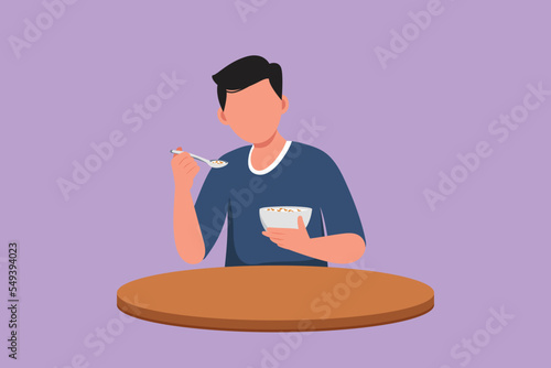 Cartoon flat style drawing happy man having breakfast with cereal and milk. Young male sitting at table and eat with delicious dish. Healthy nutrition food concept. Graphic design vector illustration