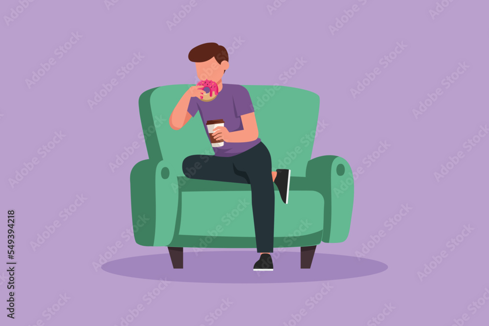 Character flat drawing of man sitting on couch, eating donut and drinking coffee. Hungry male holding paper cup with hot drink and sweet dessert. Fast food concept. Cartoon design vector illustration Character flat drawing of man sitting on couch, eating donut and drinking coffee. Hungry male holding paper cup with hot drink and sweet dessert. Fast food concept. Cartoon design vector illustration
