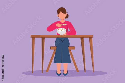 Graphic flat design drawing happy woman having breakfast with cereal and milk. Beauty female sitting at table and eating with delicious dish. Healthy nutrition food. Cartoon style vector illustration