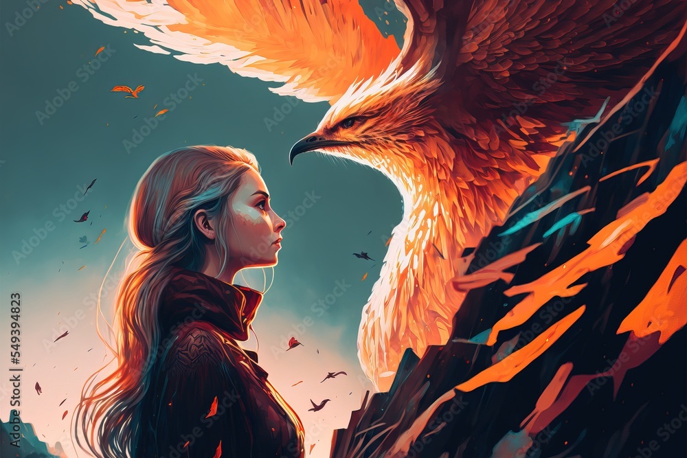 Woman and Phoenix. Freedom. digital art style. Fantasy scenery. Concept