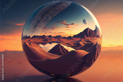 mirrored planetary illustration, a planet in space, illustration with sky atmosphere