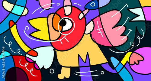 Vector colorful abstract doodle hand drawn monster and animal illustration for digital banner design 2023