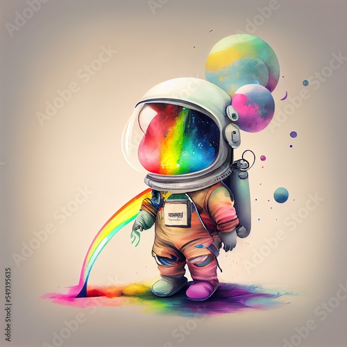little astronaut with abstract rainbow, a colorful robot with a light bulb, illustration with gesture art