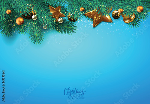 Merry Christmas and a happy New Year.  Golden garland on a wooden backgroundt. High detailed realistic illustration. photo