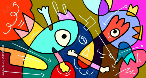 Vector colorful abstract doodle hand drawn monster and animal illustration for digital banner design 2023