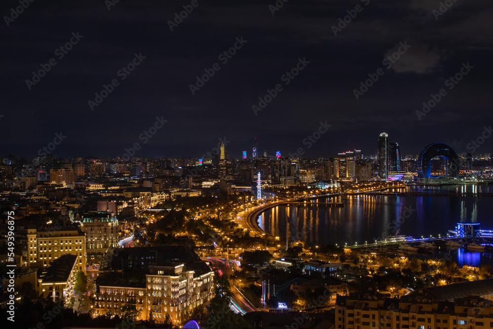 Night city view and sea line, Baku