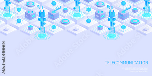 Telecommunication signal transmitter tower. Future innovative wireless fast network technology concept. Isometric illustration vector design.