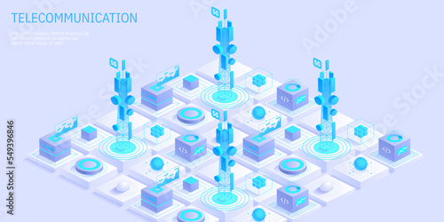 Telecommunication signal transmitter tower. Future innovative wireless fast network technology concept. Isometric illustration vector design.
