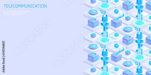Telecommunication signal transmitter tower. Future innovative wireless fast network technology concept. Isometric illustration vector design.