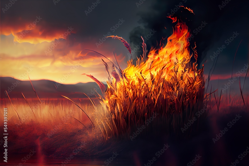 grass on the background of, a fire in a field, illustration with sky atmosphere