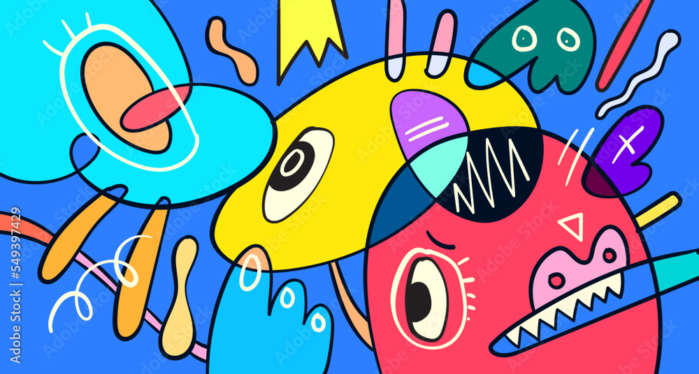 Vector colorful abstract doodle hand drawn monster and animal illustration for digital banner design 2023
