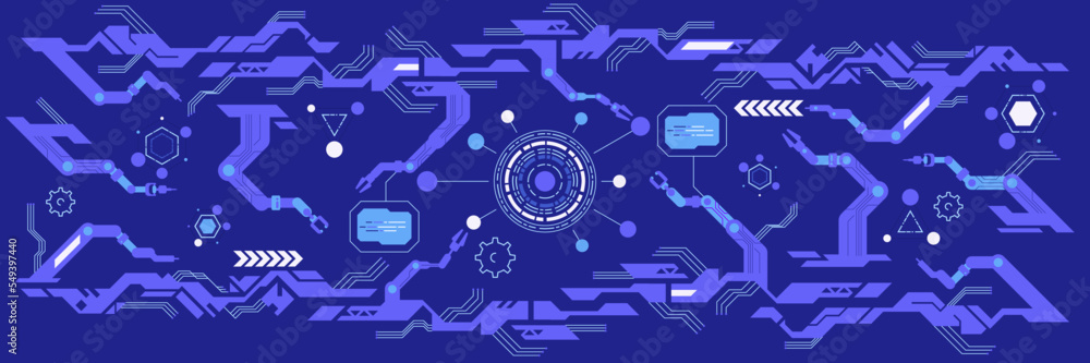 Hi-tech digital technology and engineering theme Industry 4.0 intelligence technology with robotic arm. Smart industrial revolution in factory process, Isolated flat vector illustration background Hi-tech digital technology and engineering theme Industry 4.0 intelligence technology with robotic arm. Smart industrial revolution in factory process, Isolated flat vector illustration background