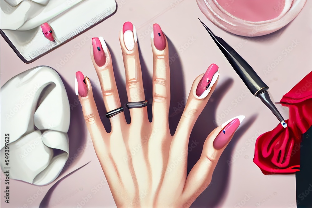 Obraz premium fashionable stylish female hands doing, a woman's hand with painted nails, illustration with skin white