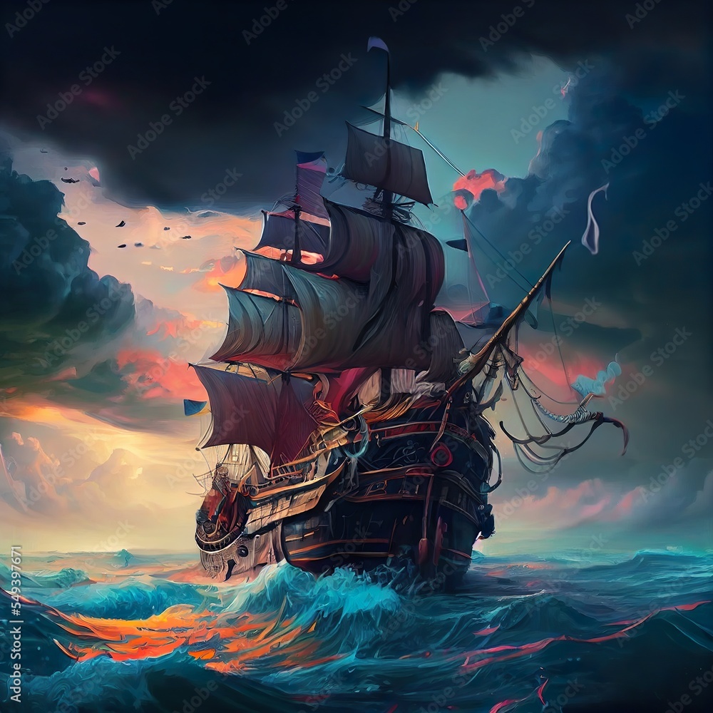 fantasy pirate ship on ocean, a spaceship in space, illustration with cloud  water Stock Illustration