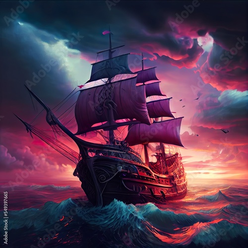 Fotografija fantasy pirate ship on ocean, a person in a garment, illustration with cloud boa