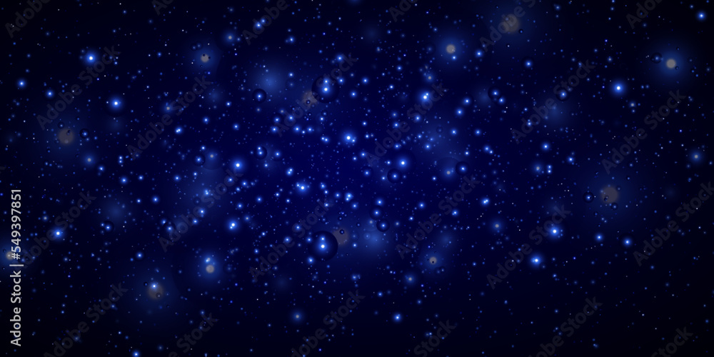 Blue stars, bokeh, sparkles glitter on a black background. Beautiful space, galaxy