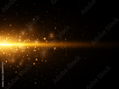 Abstract stylish light effect on black background. Golden neon lines. Golden glowing dust, bokeh and glare. Flash Light. Vector illustration. EPS 10