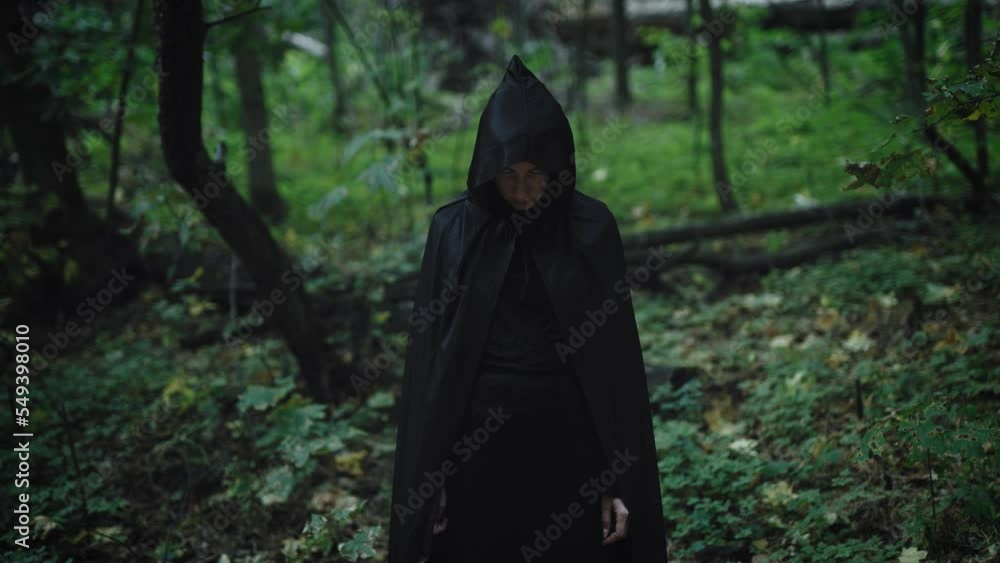 Portrait of a witch in a black cloak with a hood. Woman in the mystical forest. Dark forces Portrait of a witch in a black cloak with a hood. Woman in the mystical forest. Dark forces