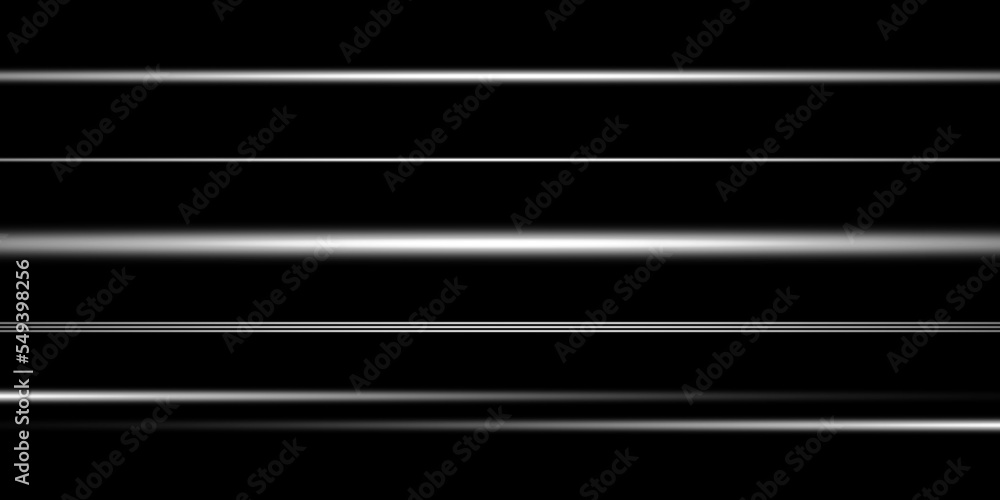 Set of white horizontal highlights, lines. Laser beams, horizontal beams of light. Beautiful light flashes. Glowing stripes on a transparent background.