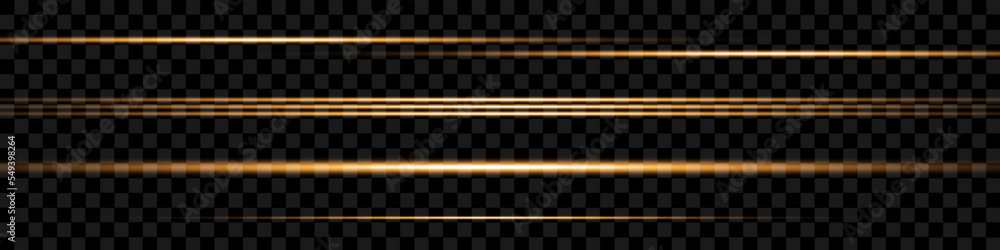 Set of golden horizontal highlights, lines. Laser beams, horizontal beams of light. Beautiful light flashes. Glowing stripes on a transparent background. Glowing abstract sparkling background. - obrazy, fototapety, plakaty 