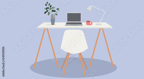 Workplace, modern interior, office. Office with a computer. Colorful vector illustration in flat cartoon style.Empty workplace, desktop, computer workspace, office, no people. home concept