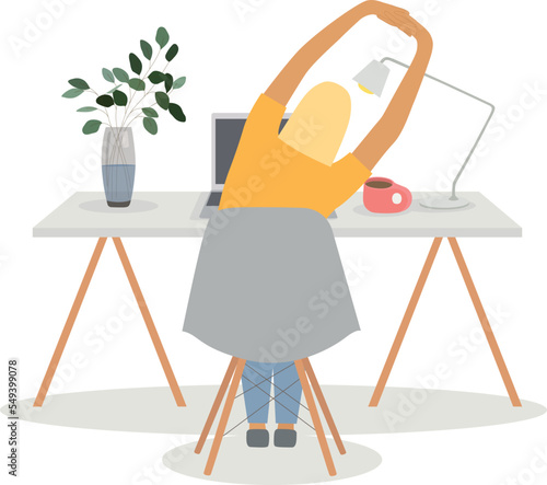 employee doing physical exercises in office. Worker health and body wellbeing, sport warming up break and stretching activity at workstation.Girl Exercising at Workplace while Work 