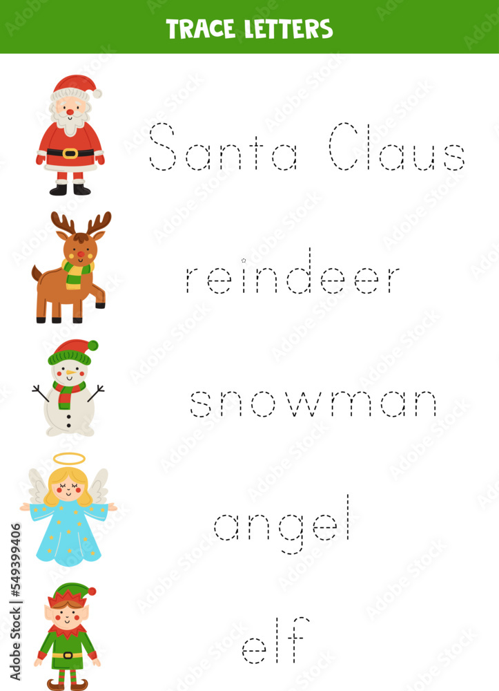 Tracing letters with cute Christmas characters. Writing practice.