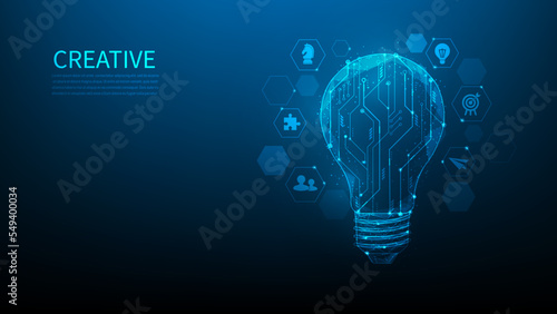 idea solution light bulb digital circuit. creative thinking digital technology. brain innovative to success. new business idea concept. vector illustration fantastic hi tech. on blue dark background.