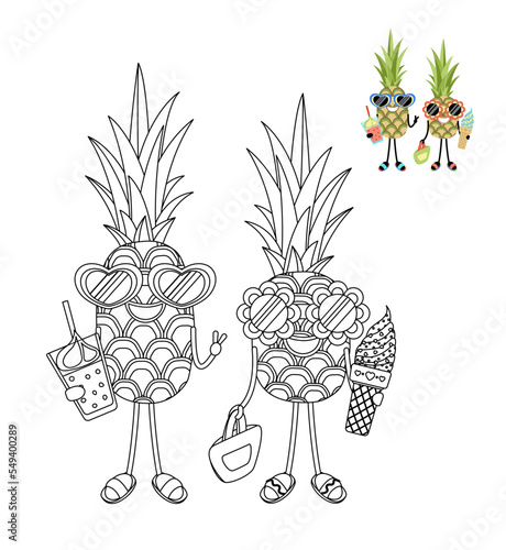 Coloring page with pair of pineapple character on vacation. Outline, vector