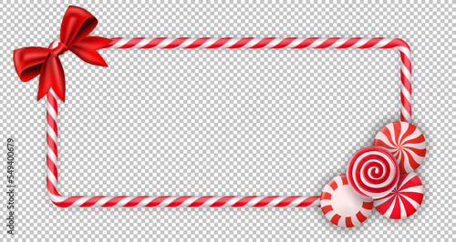 Frame christmas candy cane. Christmas stick. Traditional realistic xmas candy and red, white stripes. Santa caramel cane on transparent background. Vector illustration