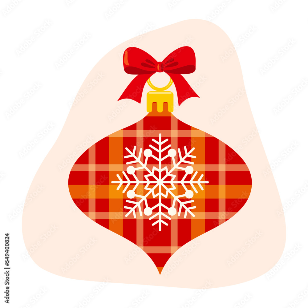 Christmas tree decoration, clipart element in plaid texture, red ribbon and bow. Holiday illustration on isolated background for celebration of winter, Christmas or New Year. Christmas tree decoration, clipart element in plaid texture, red ribbon and bow. Holiday illustration on isolated background for celebration of winter, Christmas or New Year.