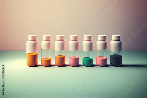 an illustration of a row, a group of bottles, illustration with liquid cylinder