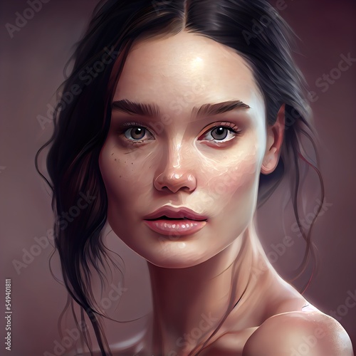 generated digital art of a, a woman with dark hair, illustration with forehead nose