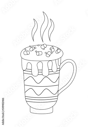 Hot winter drink coloring page. Black and white cup with marshmallows. Vector