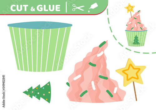 Christmas cupcake. Dessert. Cut and glue. Application work. Paper game. Vector